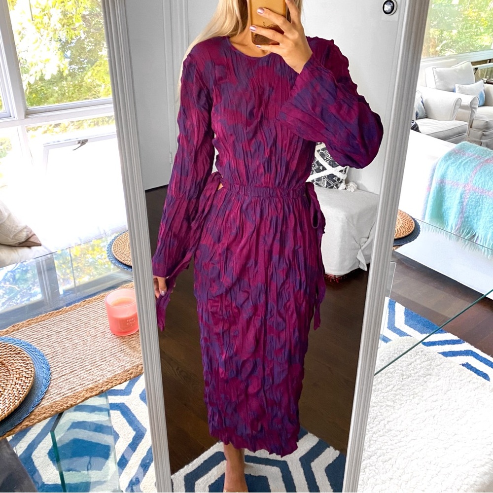 💜 ZARA BOHO PURPLE PINK JACQUARD LONG SLEEVE SIDE TIE MAXI DRESS!